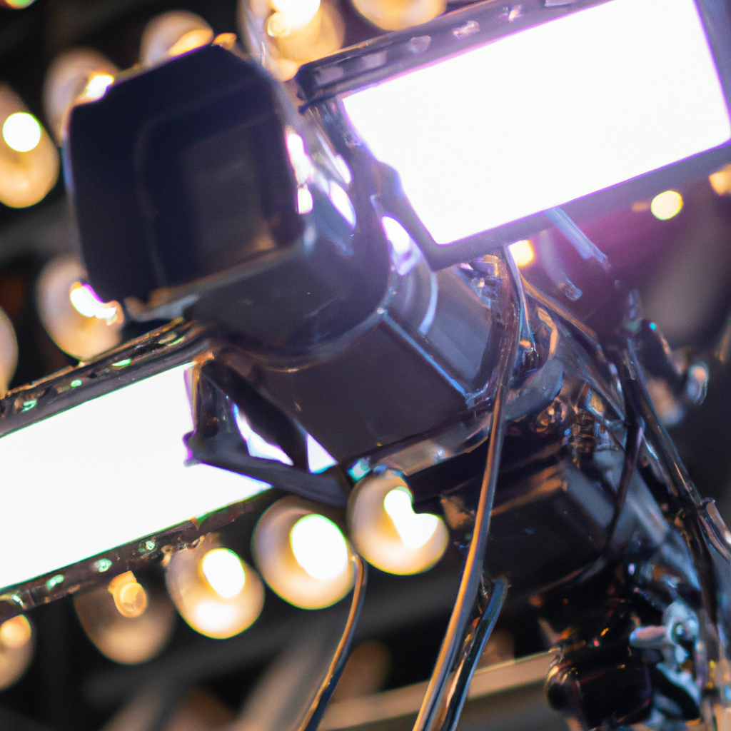 Close‑up broadcast camera and LED backdrop in Vancouver newsroom with uplighting and glass panels