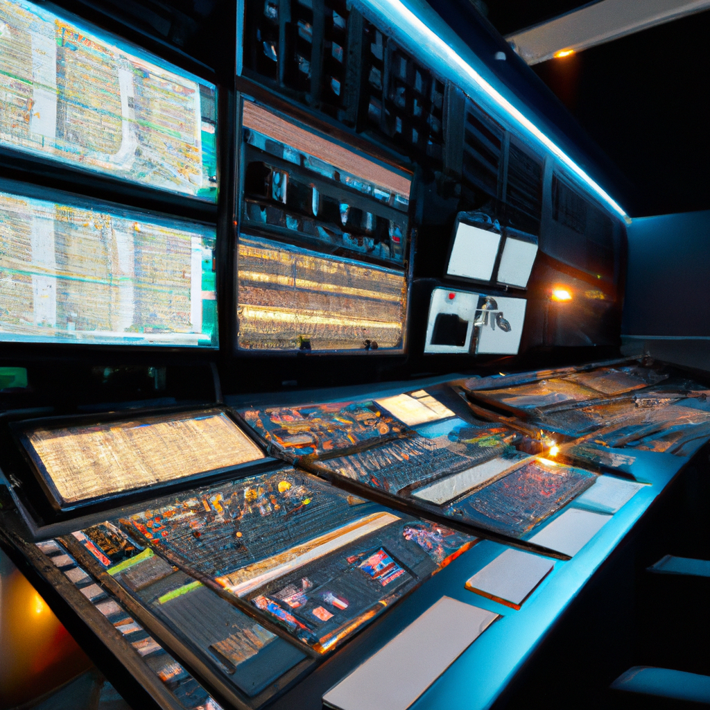 Soundproof control room with switcher, multiview monitors, IFB and audio console